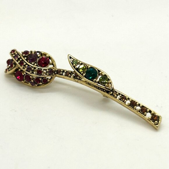 Liz Claiborne Vintage Rosebud Brooch Gold-tone Rhinestones in Original Box - Picture 5 of 16